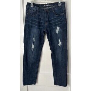 Machine Jeans Women's 11/31 Dark Wash Distressed Cropped Raw Hem